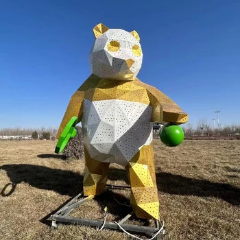 幾何切面熊貓雕塑不銹鋼動(dòng)物雕塑園林?jǐn)[件