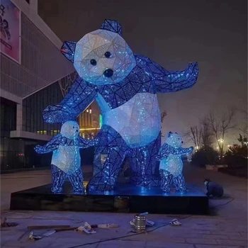 不銹鋼切面動物雕塑鏤空發(fā)光熊貓雕塑加工定制