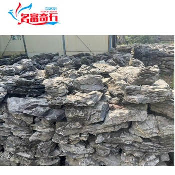 甘肅隴南灰黑色噸位英石隴南英石屹立松樹旁邊隴南英石池塘點(diǎn)綴