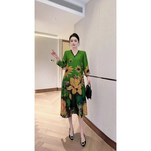中大淑國風印花連衣裙祝錦天香真絲專柜尾貨庫存女裝走份批發