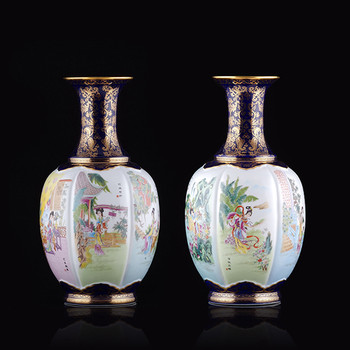 王錫良、王采創(chuàng)作十二金釵粉彩對(duì)瓶重工粉彩霽藍(lán)描金塑形雕刻