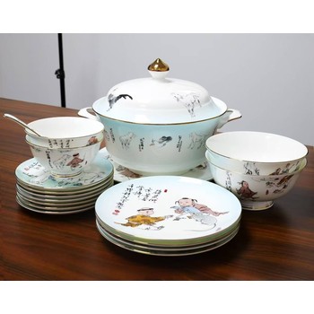 高溫骨瓷,釉中彩_范曾十二生肖60頭餐具套裝