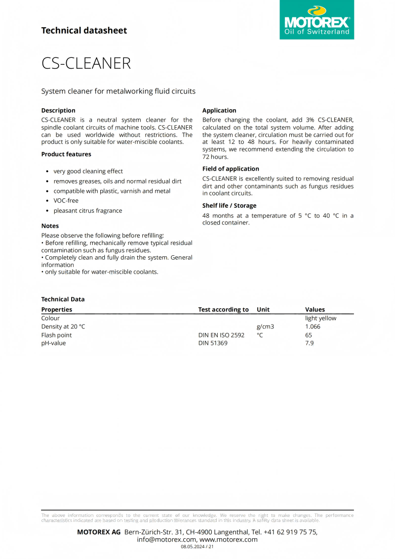 MOTOREXCS-CLEANER中性系统清洗剂清洁机床冷却液管路适用于金属加工行业-恒润石油