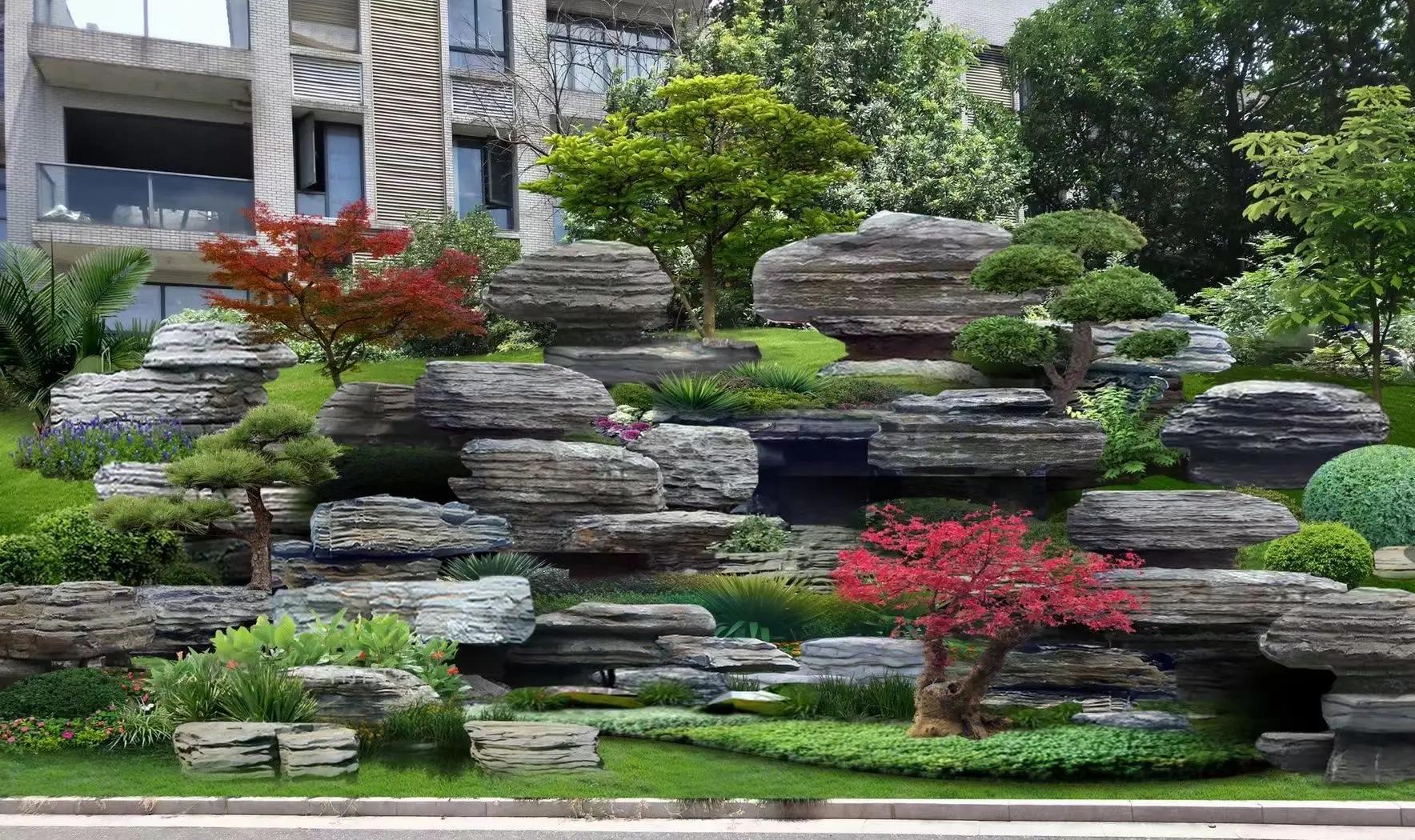 山西臨汾斧劈石假山安裝 公園假山造景